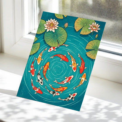 Koi in Rippling Blue, blue, green, red nature wall art displayed in a styled interior, gallery view 5