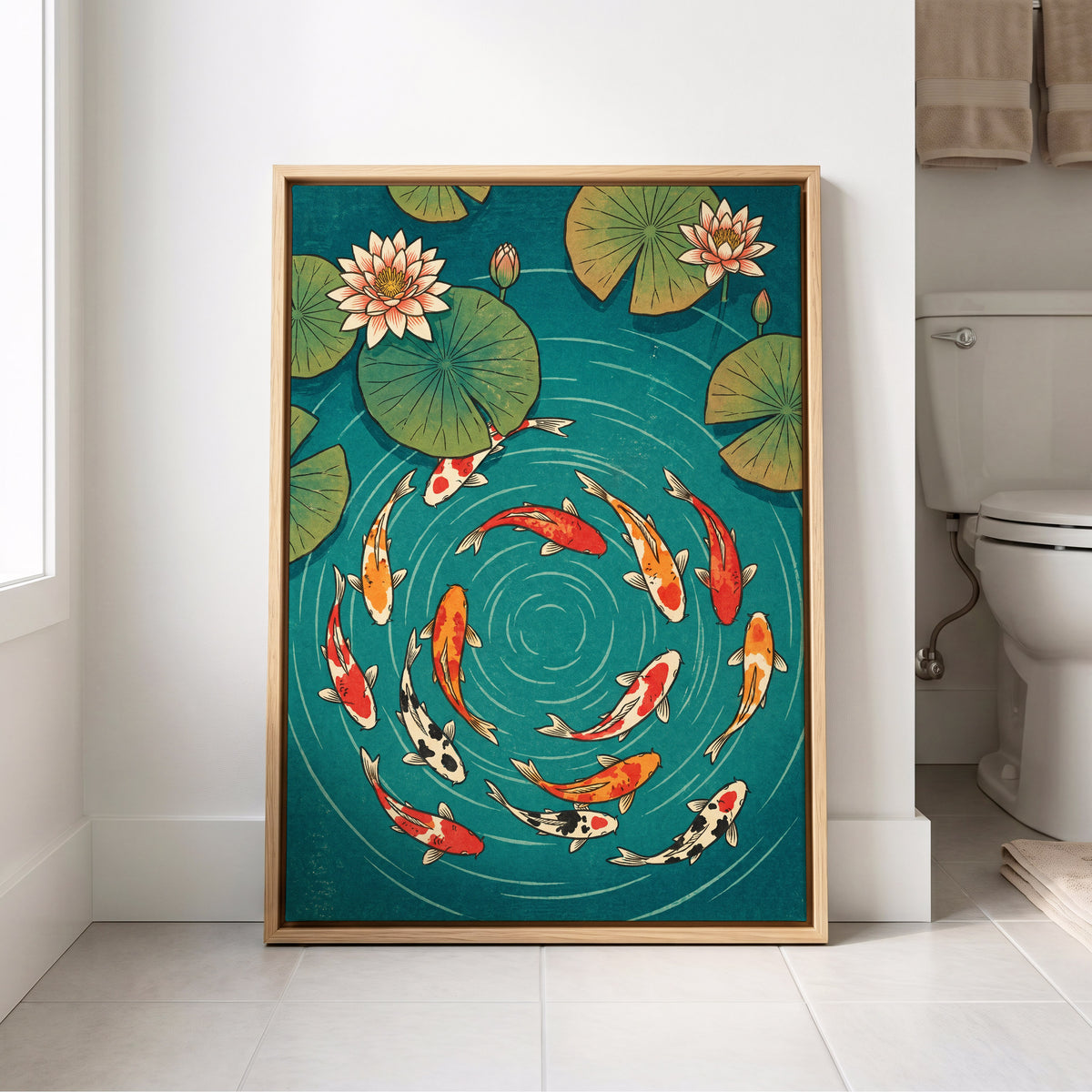 Koi in Rippling Blue, blue, green, red nature wall art displayed in a styled interior, gallery view 8