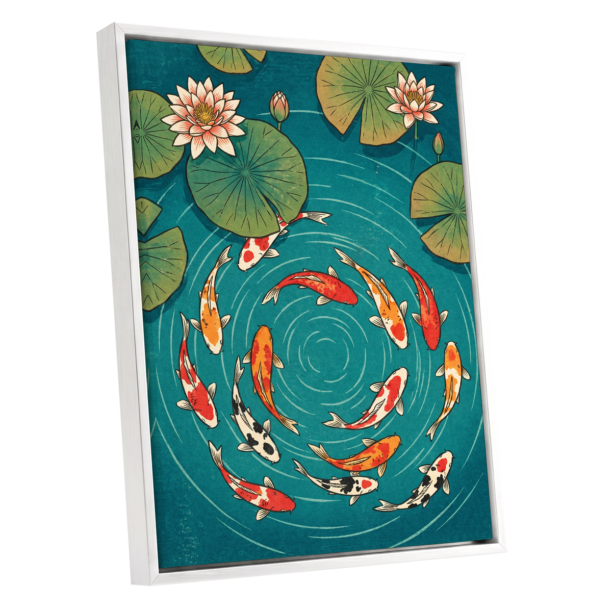 Koi in Rippling Blue, blue, green, red nature wall art shown as a white framed canvas wall art