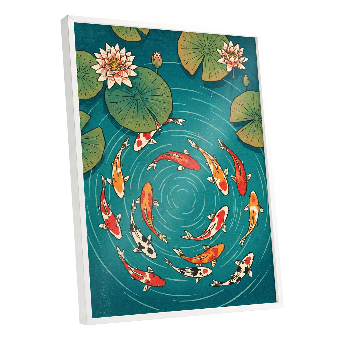 Koi in Rippling Blue, blue, green, red nature wall art shown as a white framed poster wall art print