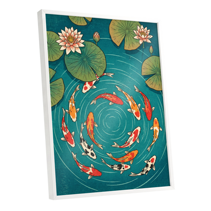 Koi in Rippling Blue, blue, green, red nature wall art shown as a white framed poster wall art print
