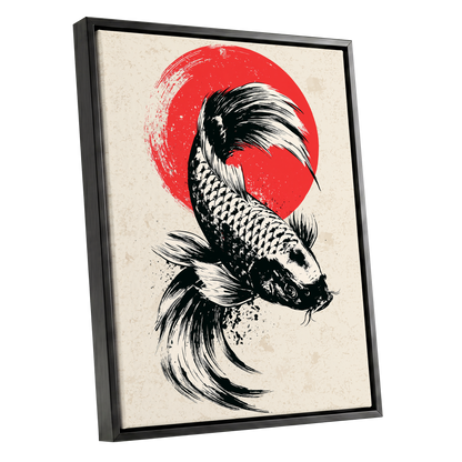 Koi in Scarlet Orbit, black, beige, red nature wall art shown as a black framed canvas wall art