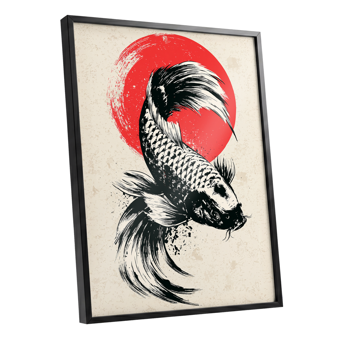 Koi in Scarlet Orbit, black, beige, red nature wall art shown as a black framed poster wall art print
