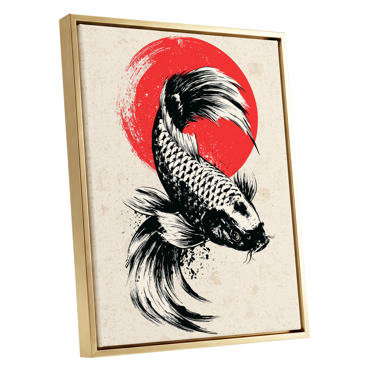 Koi in Scarlet Orbit, black, beige, red nature wall art shown as a gold framed canvas wall art