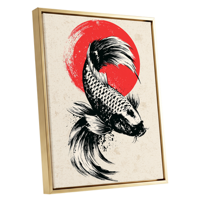 Koi in Scarlet Orbit, black, beige, red nature wall art shown as a gold framed canvas wall art