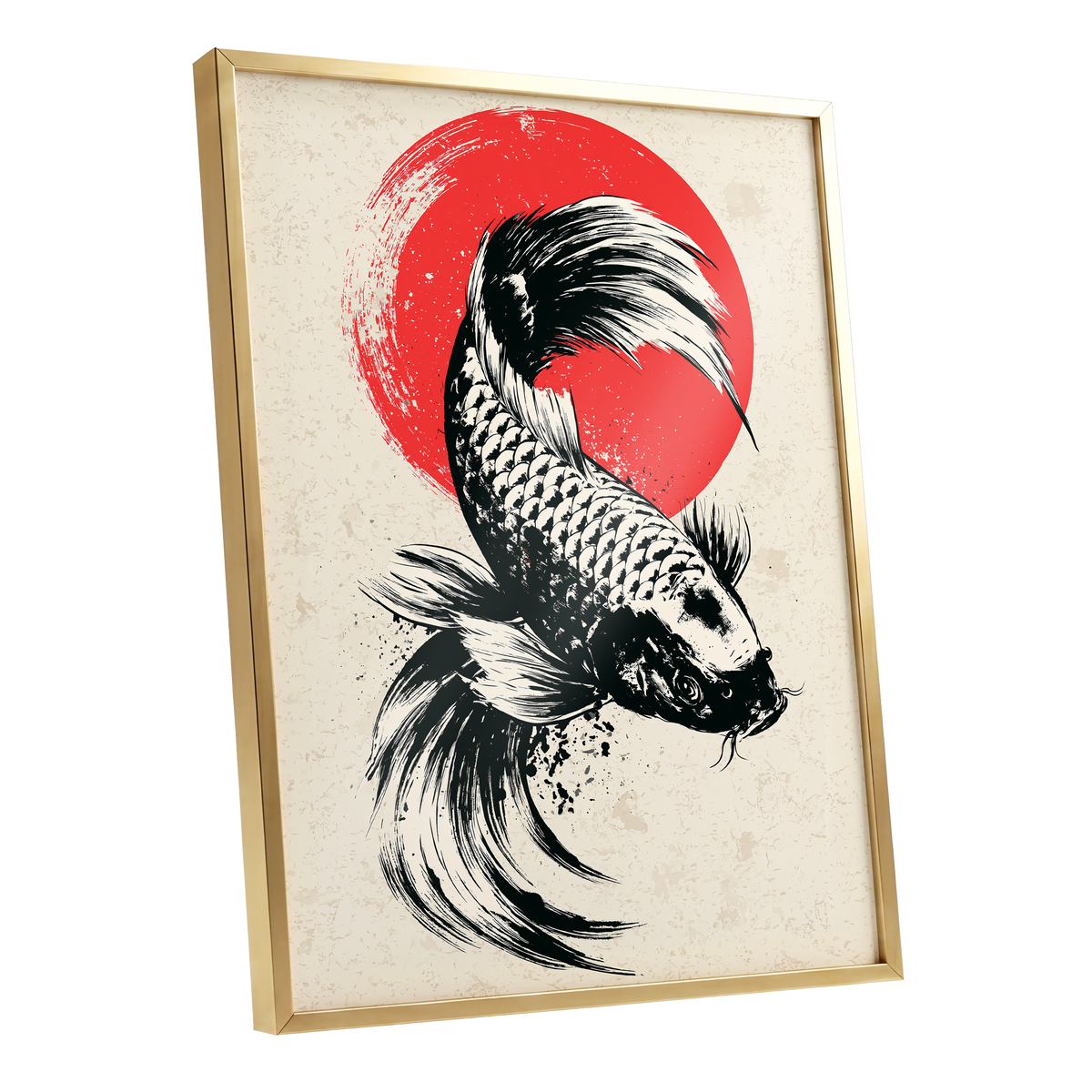 Koi in Scarlet Orbit, black, beige, red nature wall art shown as a gold framed poster wall art print