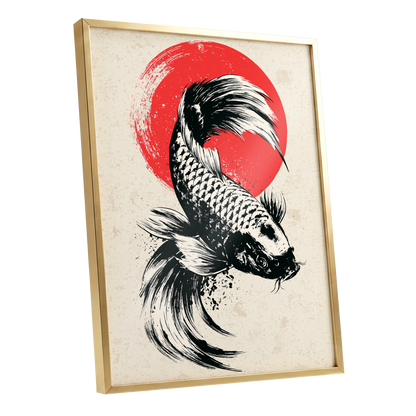 Koi in Scarlet Orbit, black, beige, red nature wall art shown as a gold framed poster wall art print