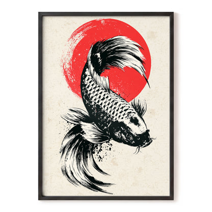 Koi in Scarlet Orbit, black, beige, red nature wall art, front artwork view