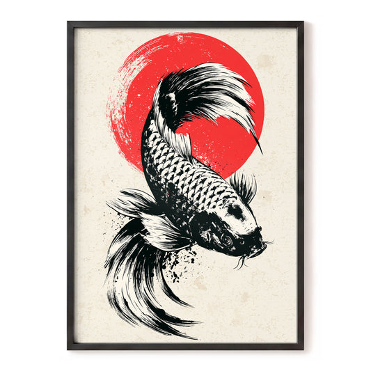 Koi in Scarlet Orbit, black, beige, red nature wall art, front artwork view