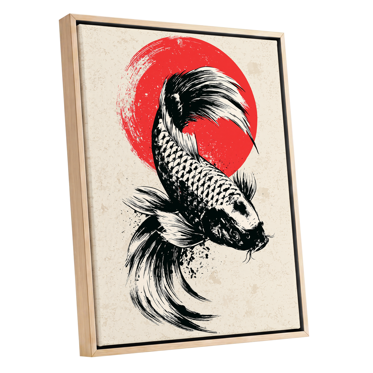 Koi in Scarlet Orbit, black, beige, red nature wall art shown as a oak framed canvas wall art