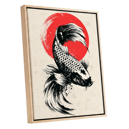 Koi in Scarlet Orbit, black, beige, red nature wall art shown as a oak framed canvas wall art