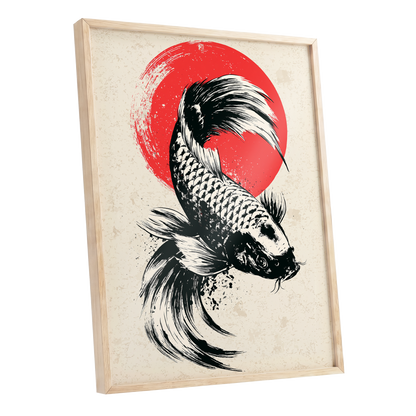Koi in Scarlet Orbit, black, beige, red nature wall art shown as a oak framed poster wall art print