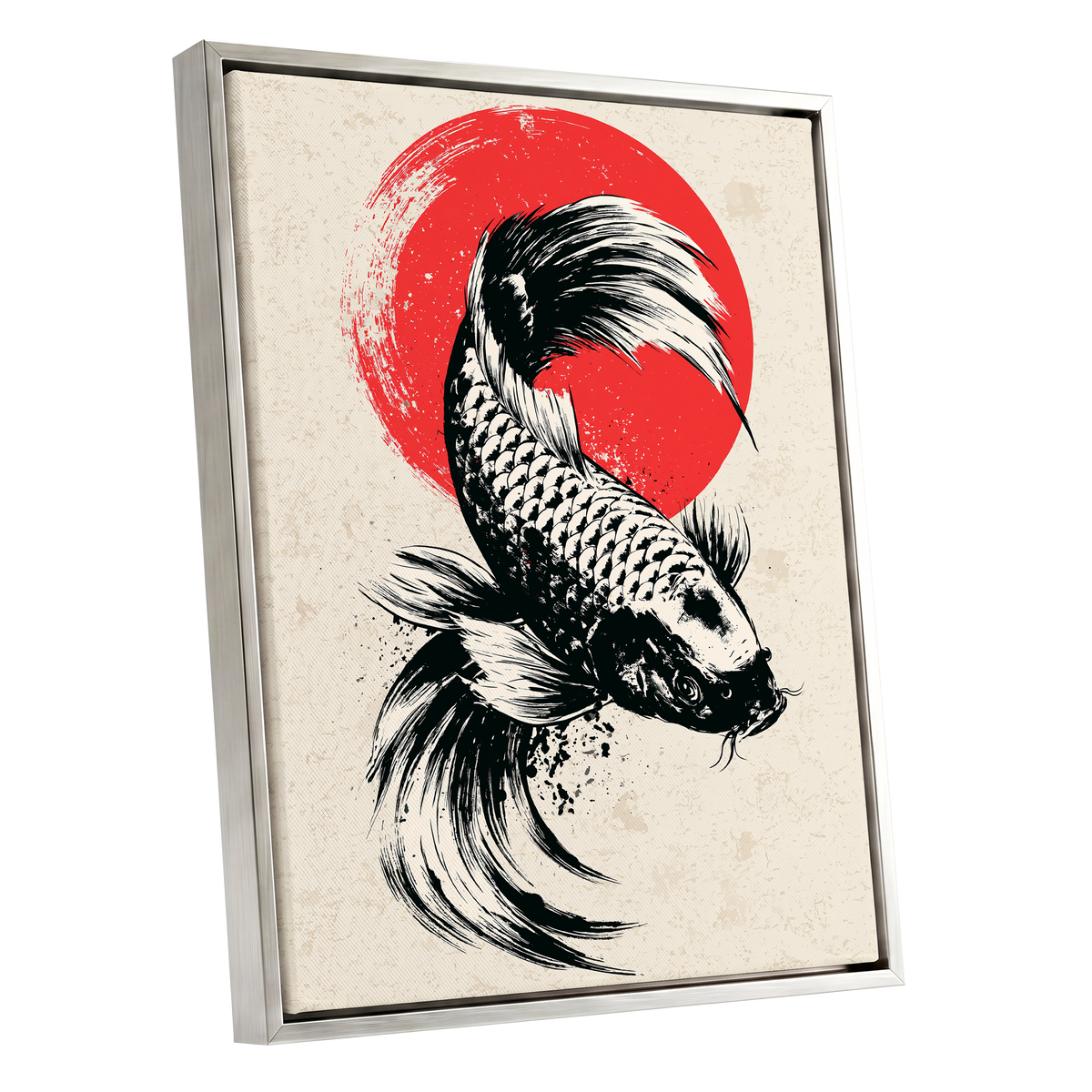 Koi in Scarlet Orbit, black, beige, red nature wall art shown as a silver framed canvas wall art