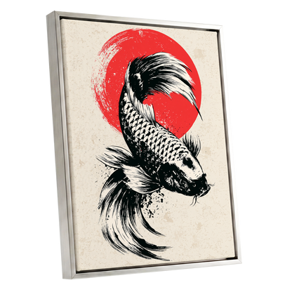 Koi in Scarlet Orbit, black, beige, red nature wall art shown as a silver framed canvas wall art
