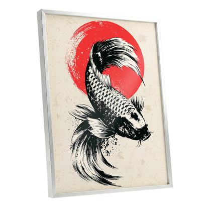 Koi in Scarlet Orbit, black, beige, red nature wall art shown as a silver framed poster wall art print
