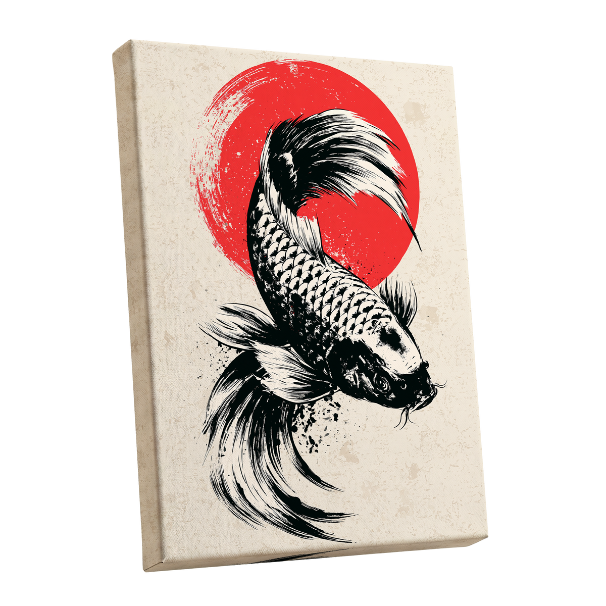 Koi in Scarlet Orbit, black, beige, red nature wall art shown as a stretched canvas wall art