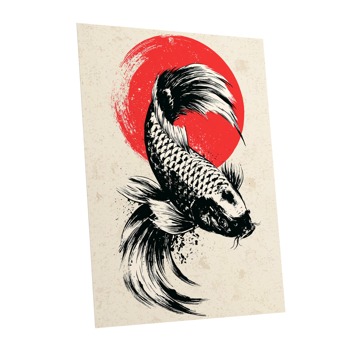 Koi in Scarlet Orbit, black, beige, red nature wall art shown as a unframed poster wall art print