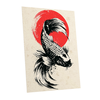Koi in Scarlet Orbit, black, beige, red nature wall art shown as a unframed poster wall art print