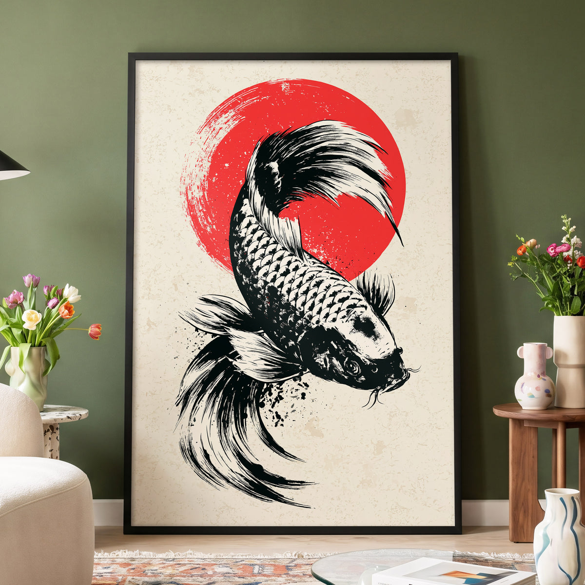Koi in Scarlet Orbit, black, beige, red nature wall art displayed in a styled interior, gallery view 2