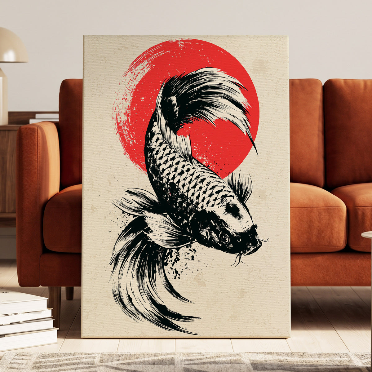 Koi in Scarlet Orbit, black, beige, red nature wall art displayed in a styled interior, gallery view 3