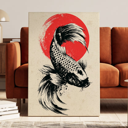 Koi in Scarlet Orbit, black, beige, red nature wall art displayed in a styled interior, gallery view 3