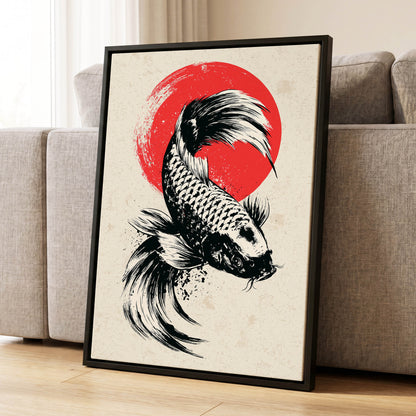 Koi in Scarlet Orbit, black, beige, red nature wall art displayed in a styled interior, gallery view 4