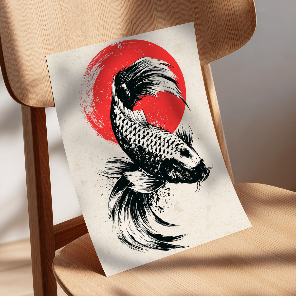 Koi in Scarlet Orbit, black, beige, red nature wall art displayed in a styled interior, gallery view 5