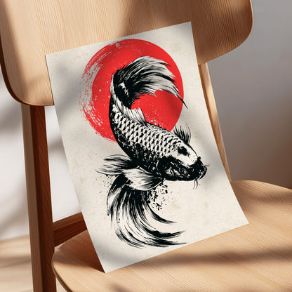 Koi in Scarlet Orbit, black, beige, red nature wall art displayed in a styled interior, gallery view 5