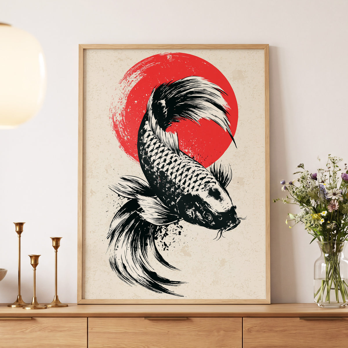 Koi in Scarlet Orbit, black, beige, red nature wall art displayed in a styled interior, gallery view 6