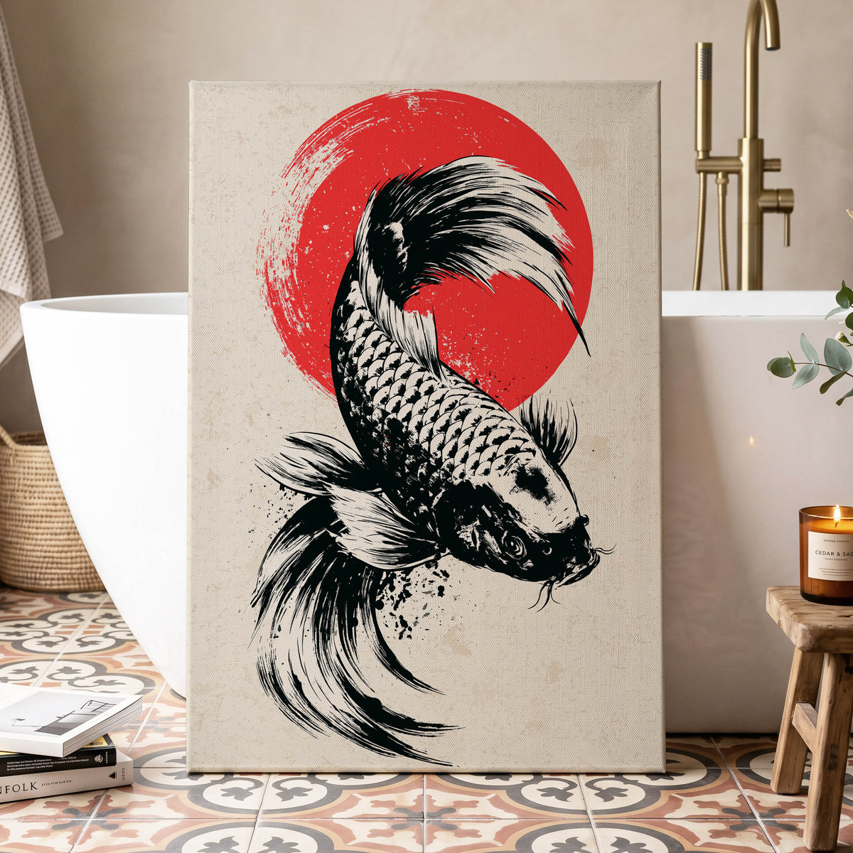Koi in Scarlet Orbit, black, beige, red nature wall art displayed in a styled interior, gallery view 7