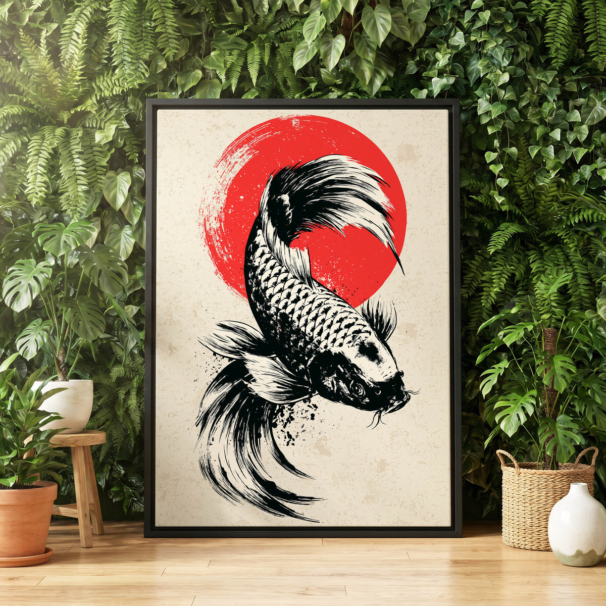 Koi in Scarlet Orbit, black, beige, red nature wall art displayed in a styled interior, gallery view 8