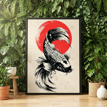 Koi in Scarlet Orbit, black, beige, red nature wall art displayed in a styled interior, gallery view 8
