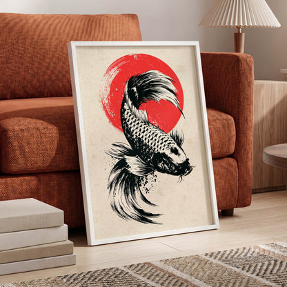 Koi in Scarlet Orbit, black, beige, red nature wall art displayed in a styled interior, gallery view 9