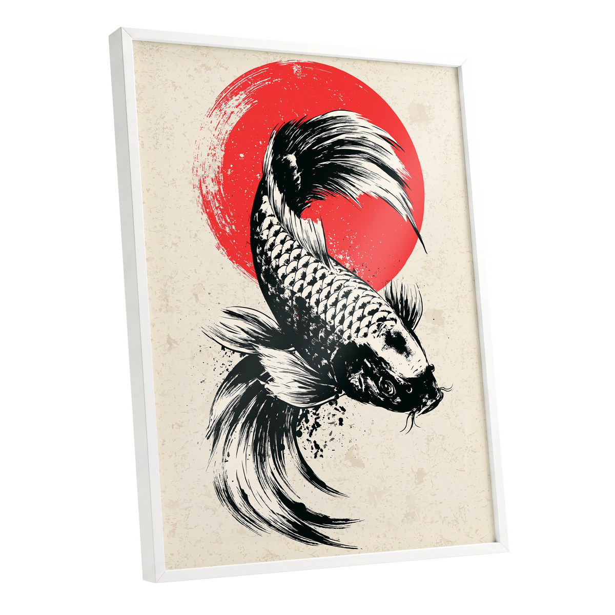 Koi in Scarlet Orbit, black, beige, red nature wall art shown as a white framed poster wall art print