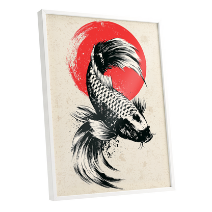 Koi in Scarlet Orbit, black, beige, red nature wall art shown as a white framed poster wall art print