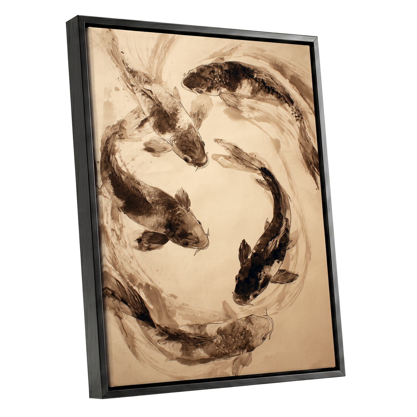 Koi in Sepia Currents, beige, brown, black nature wall art shown as a black framed canvas wall art