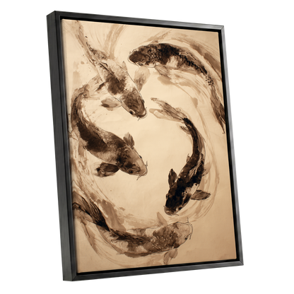 Koi in Sepia Currents, beige, brown, black nature wall art shown as a black framed canvas wall art