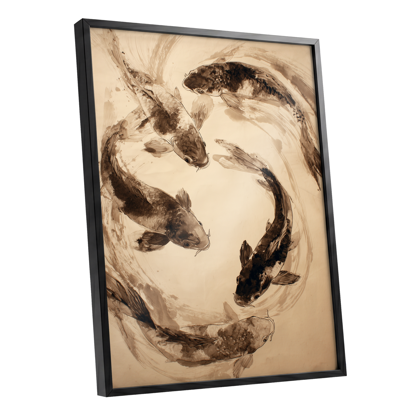 Koi in Sepia Currents, beige, brown, black nature wall art shown as a black framed poster wall art print