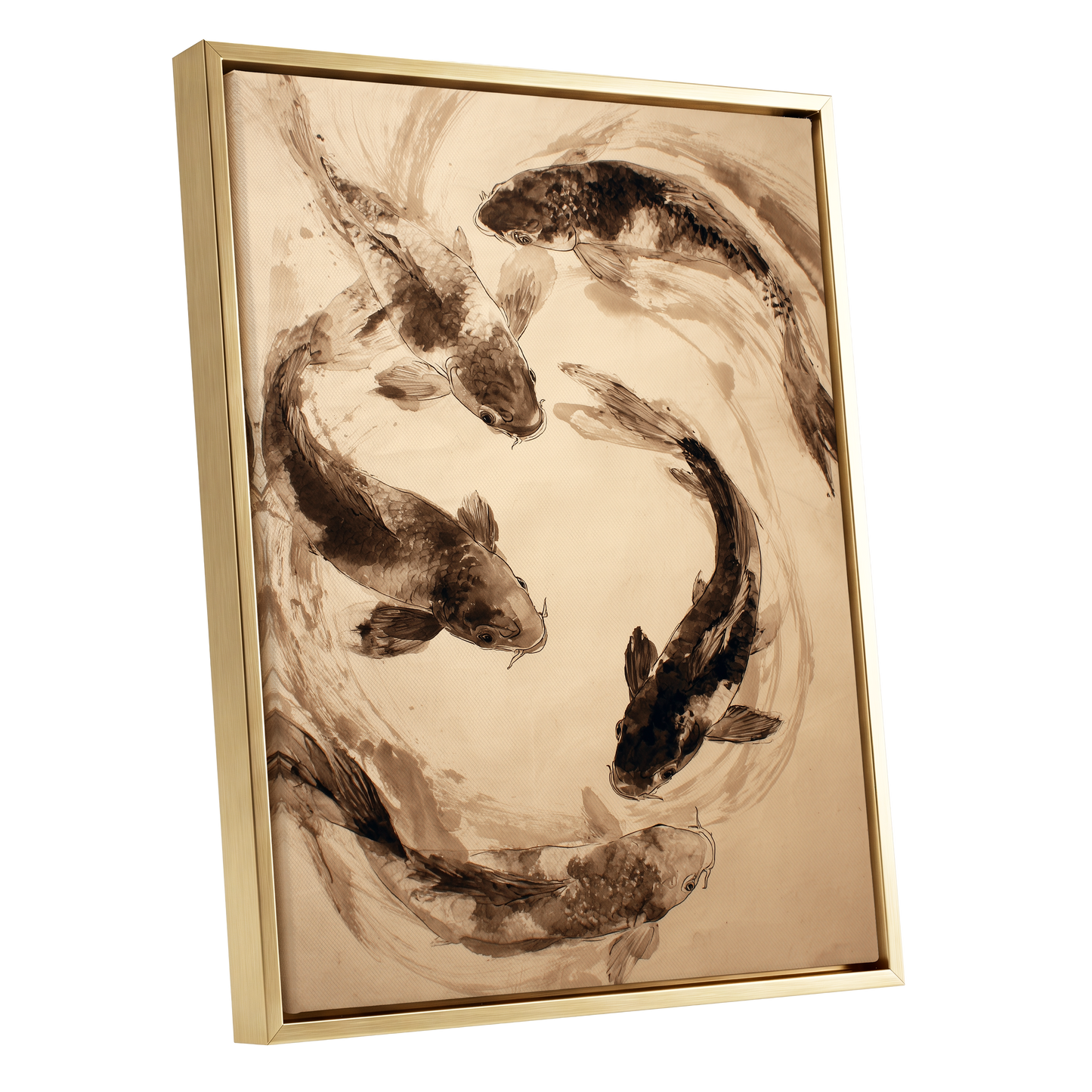 Koi in Sepia Currents, beige, brown, black nature wall art shown as a gold framed canvas wall art