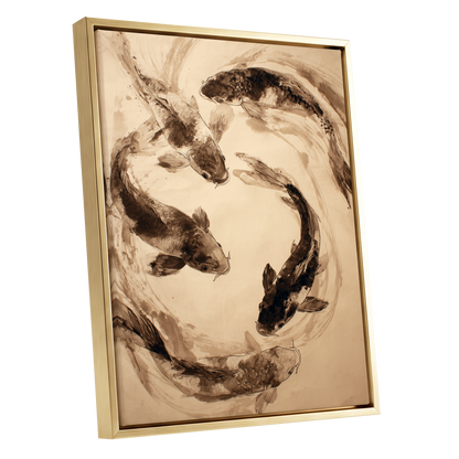 Koi in Sepia Currents, beige, brown, black nature wall art shown as a gold framed canvas wall art