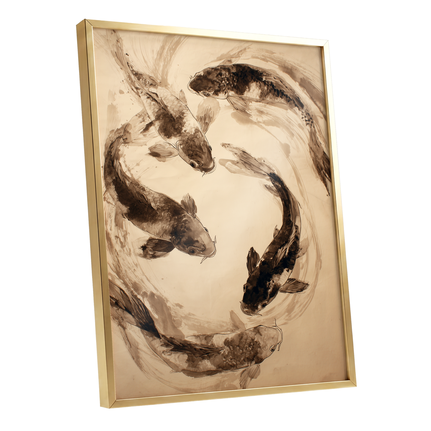 Koi in Sepia Currents, beige, brown, black nature wall art shown as a gold framed poster wall art print