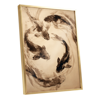 Koi in Sepia Currents, beige, brown, black nature wall art shown as a gold framed poster wall art print