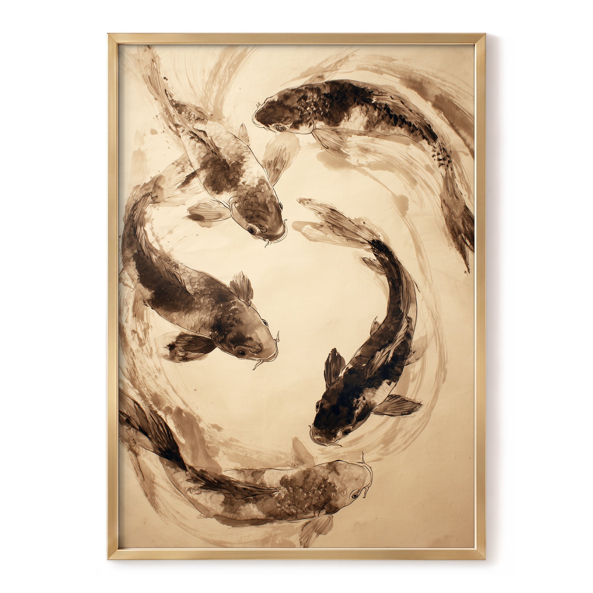 Koi in Sepia Currents, beige, brown, black nature wall art, front artwork view
