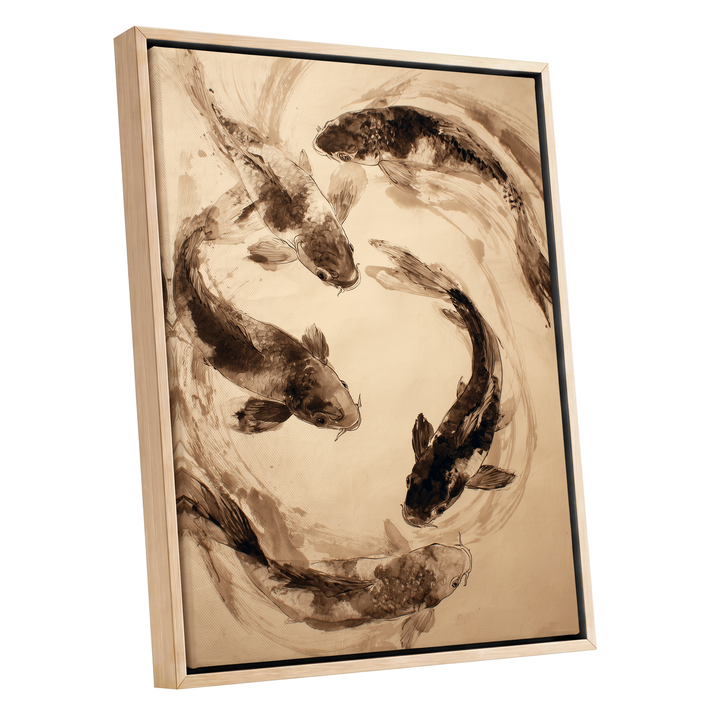 Koi in Sepia Currents, beige, brown, black nature wall art shown as a oak framed canvas wall art