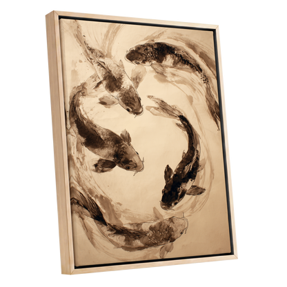 Koi in Sepia Currents, beige, brown, black nature wall art shown as a oak framed canvas wall art