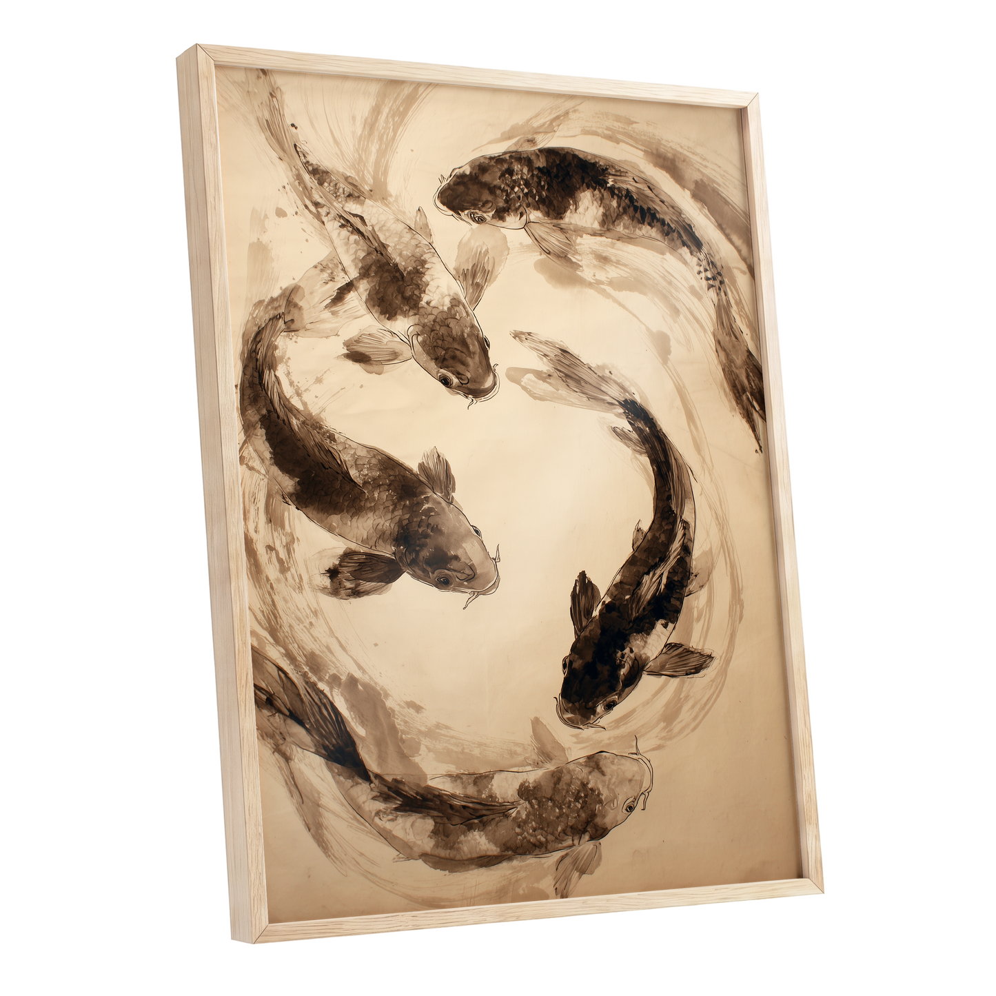 Koi in Sepia Currents, beige, brown, black nature wall art shown as a oak framed poster wall art print
