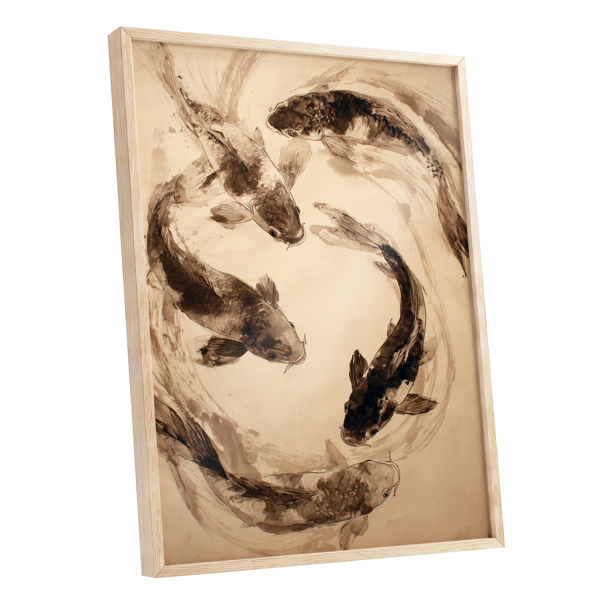 Koi in Sepia Currents, beige, brown, black nature wall art shown as a oak framed poster wall art print