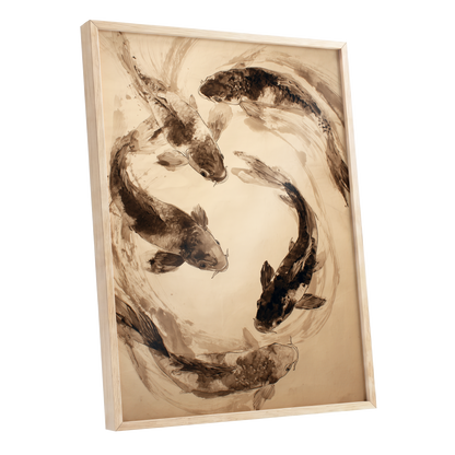Koi in Sepia Currents, beige, brown, black nature wall art shown as a oak framed poster wall art print