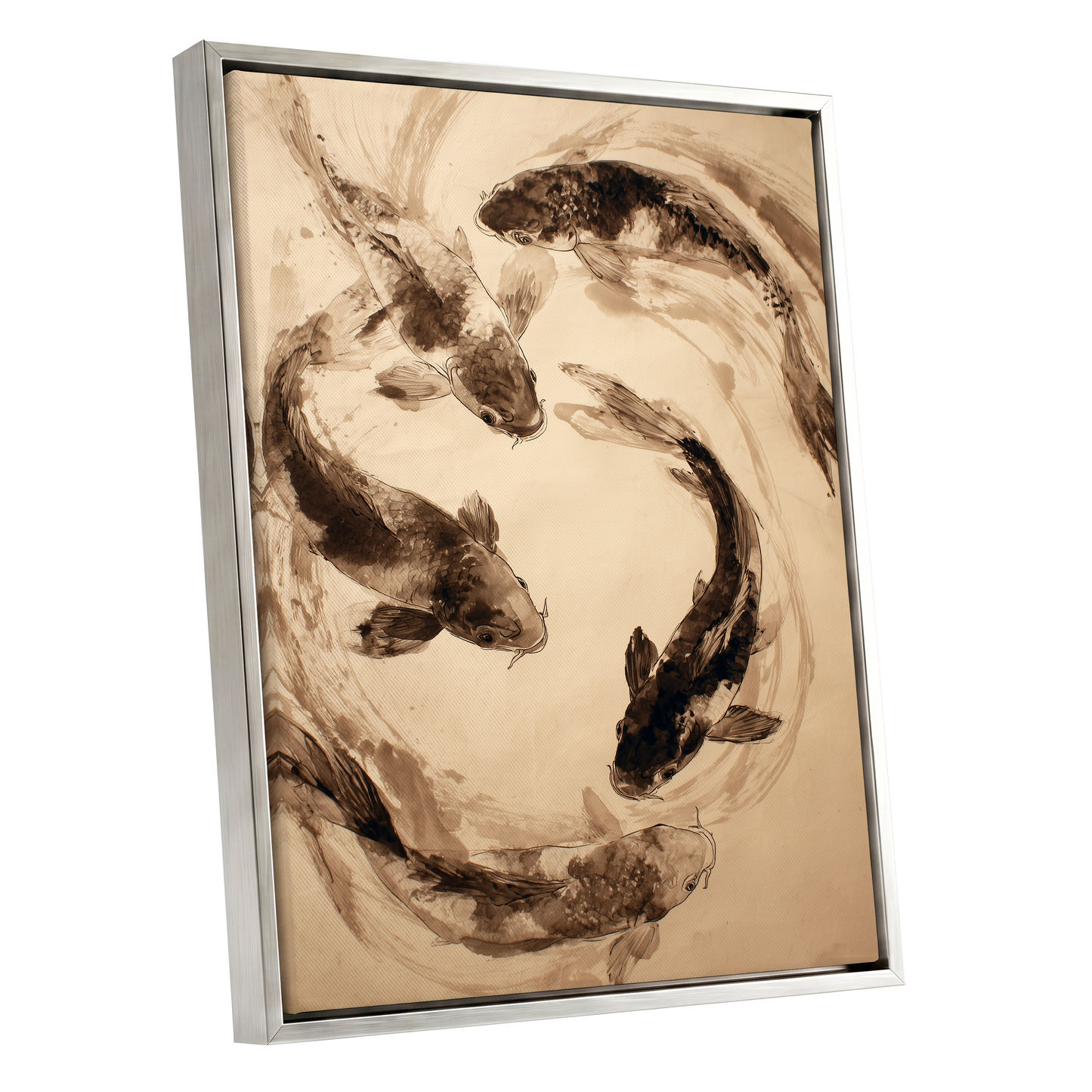 Koi in Sepia Currents, beige, brown, black nature wall art shown as a silver framed canvas wall art