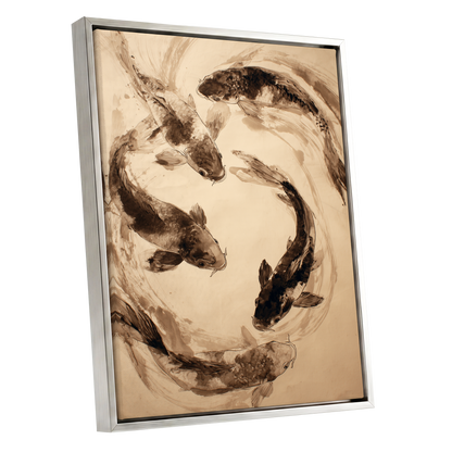 Koi in Sepia Currents, beige, brown, black nature wall art shown as a silver framed canvas wall art